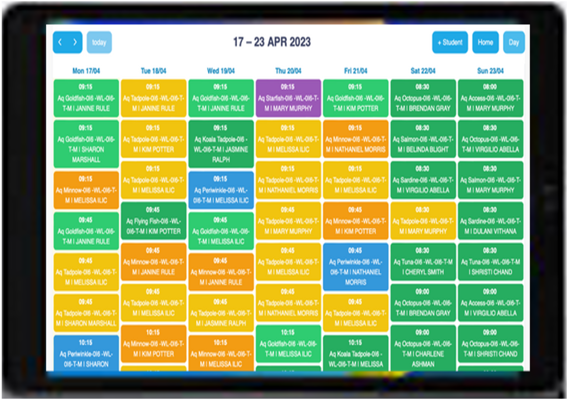 SwimDesk weekly class calendar showing colour-coded swim classes across multiple pools and lanes