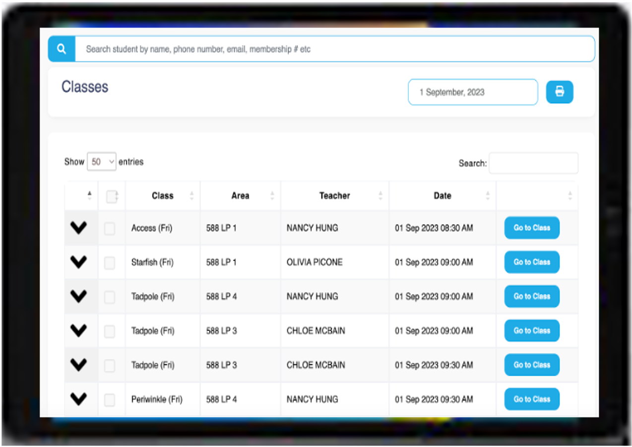SwimDesk class list showing students, teachers, areas, and dates with quick class access