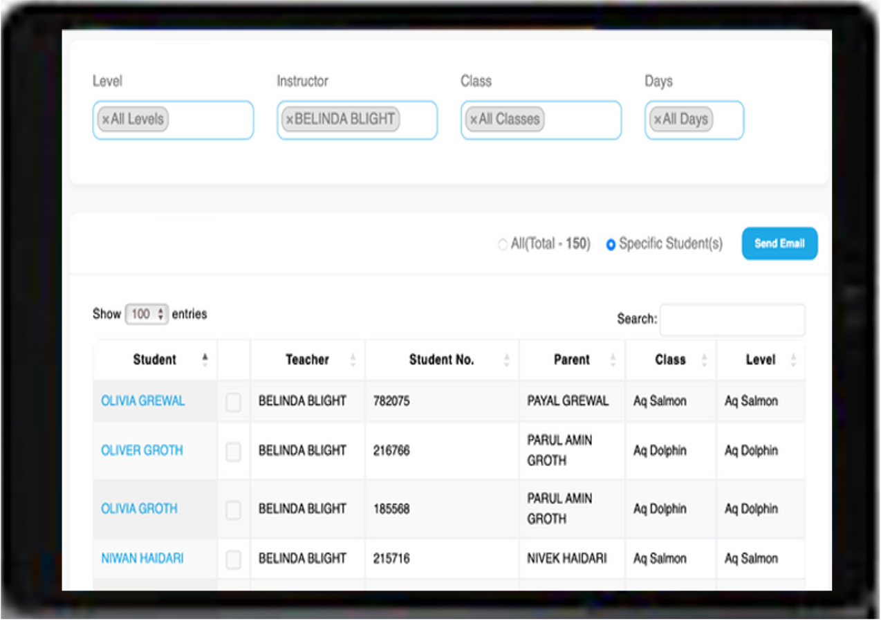SwimDesk email communication interface for sending targeted messages to students and parents