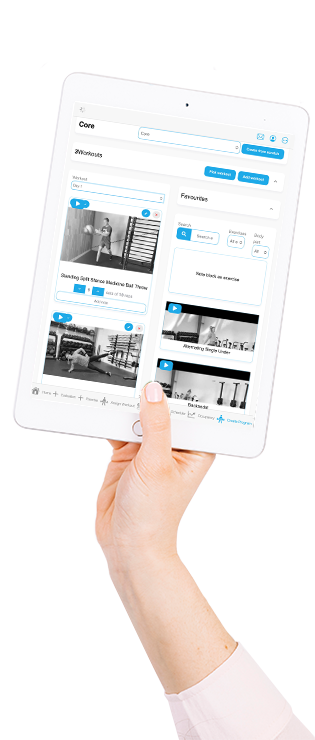 FitDesk workout programming interface on a tablet device