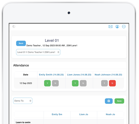 SwimDesk attendance and skills tracking interface on iPad