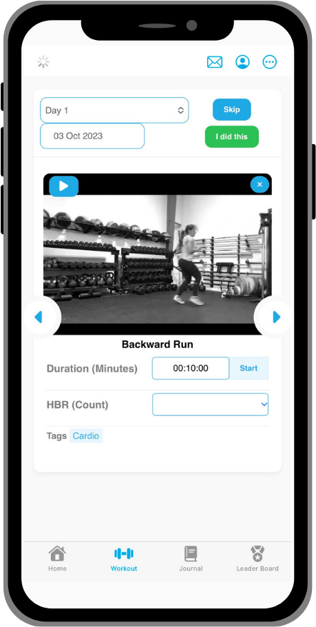 FitDesk member app showing workout exercises with video guidance on a smartphone