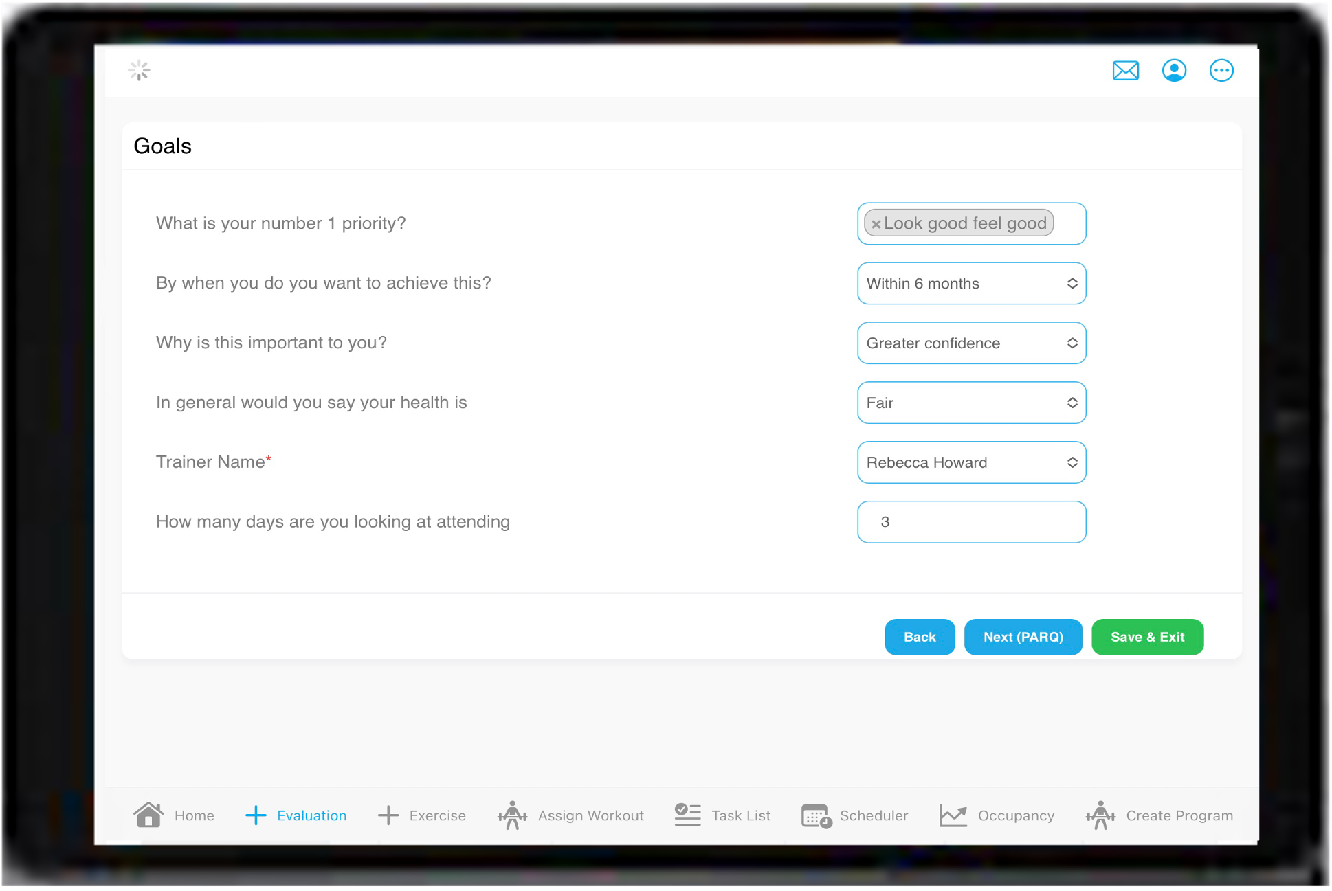 FitDesk member goals tracking showing priorities, timelines, and trainer assignments