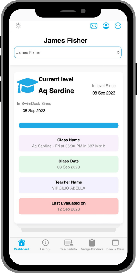 SwimDesk parent app showing student level, class details, and progress tracking