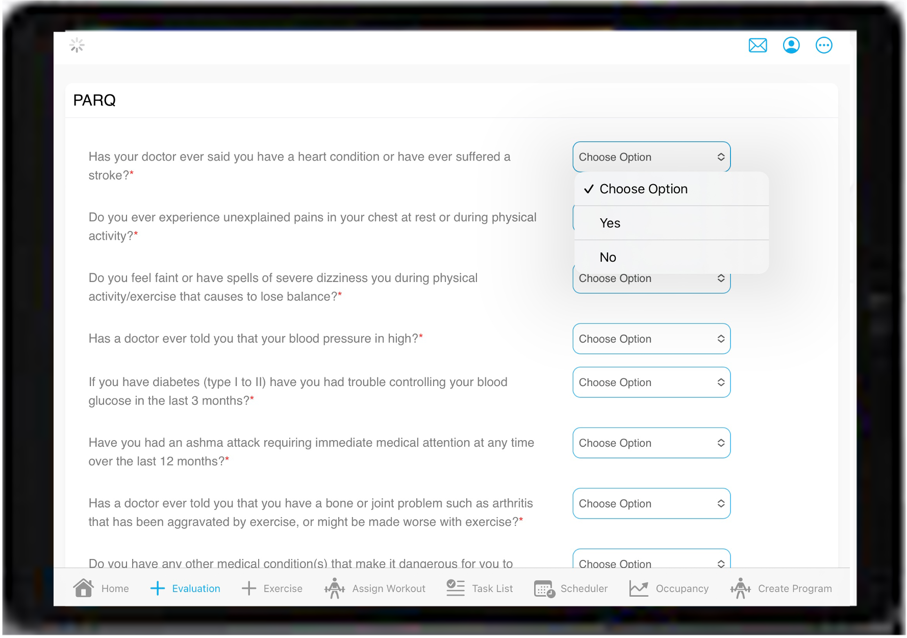 FitDesk PARQ digital assessment form for recording member health history