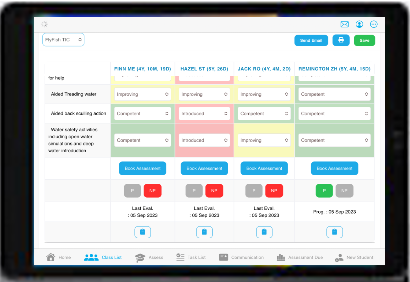 SwimDesk student progression tracking with pass/not-pass assessments and evaluation history