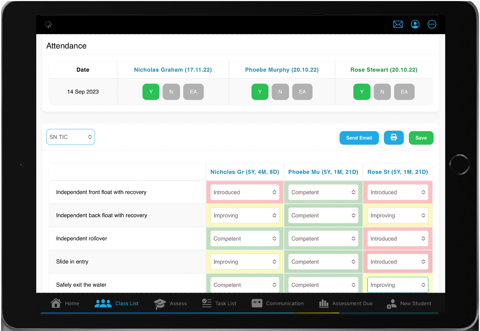 SwimDesk attendance and skills assessment interface with colour-coded competency tracking
