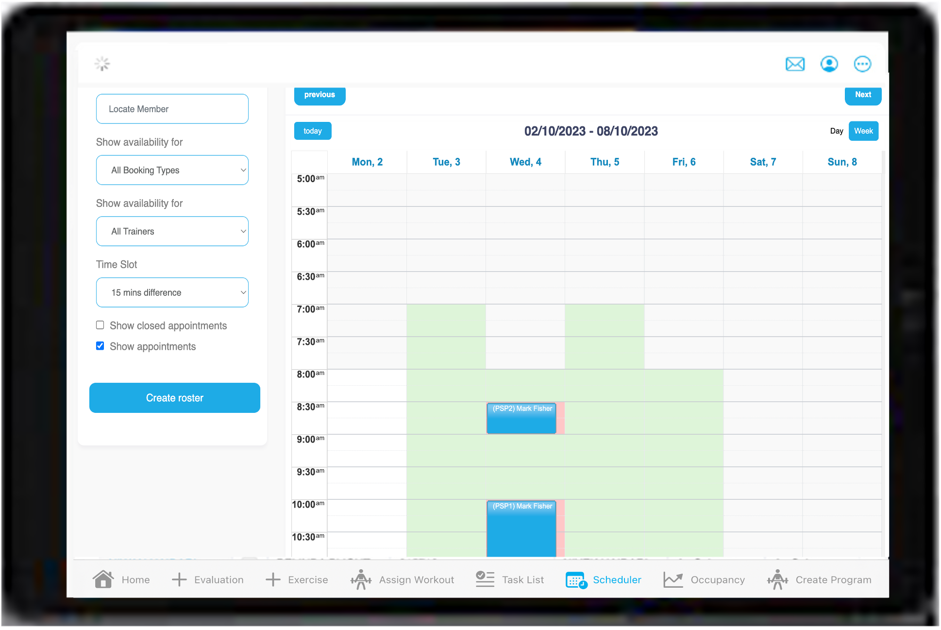 FitDesk trainer scheduling interface showing weekly calendar with appointment bookings