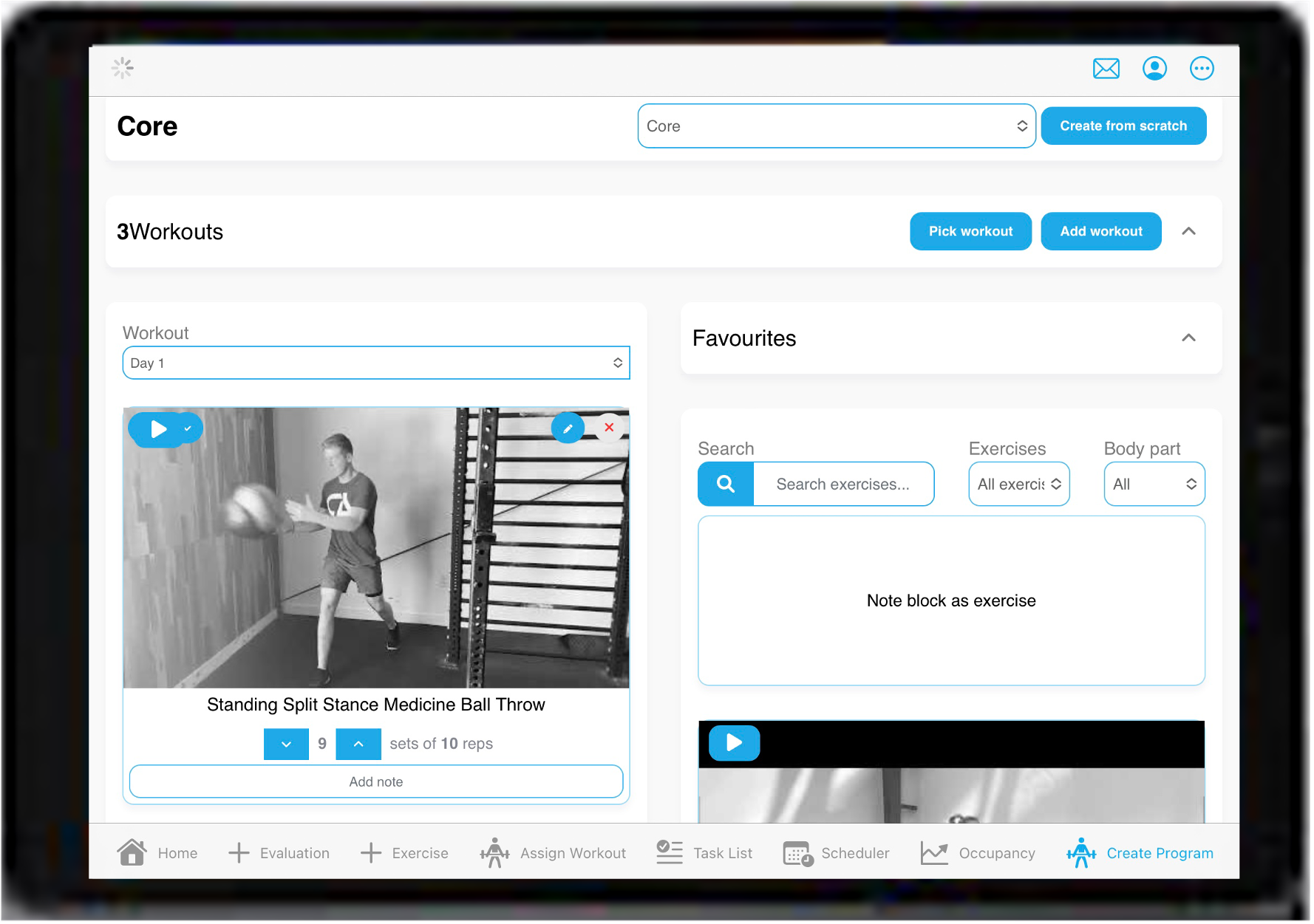 FitDesk exercise programming interface with video library and workout builder